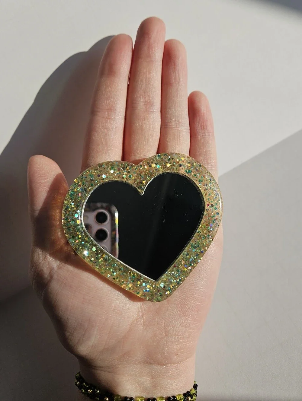 Handmade Green Glitter Mini Pocket Resin Mirror Makeup Mirror Frog Girly Cute